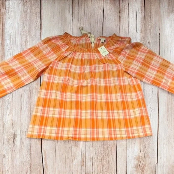J. Crew Madras Plaid Ruffle Tie-Back 100% Cotton Orange Blouse Top ~ M ~ NWT - Picture 5 of 9